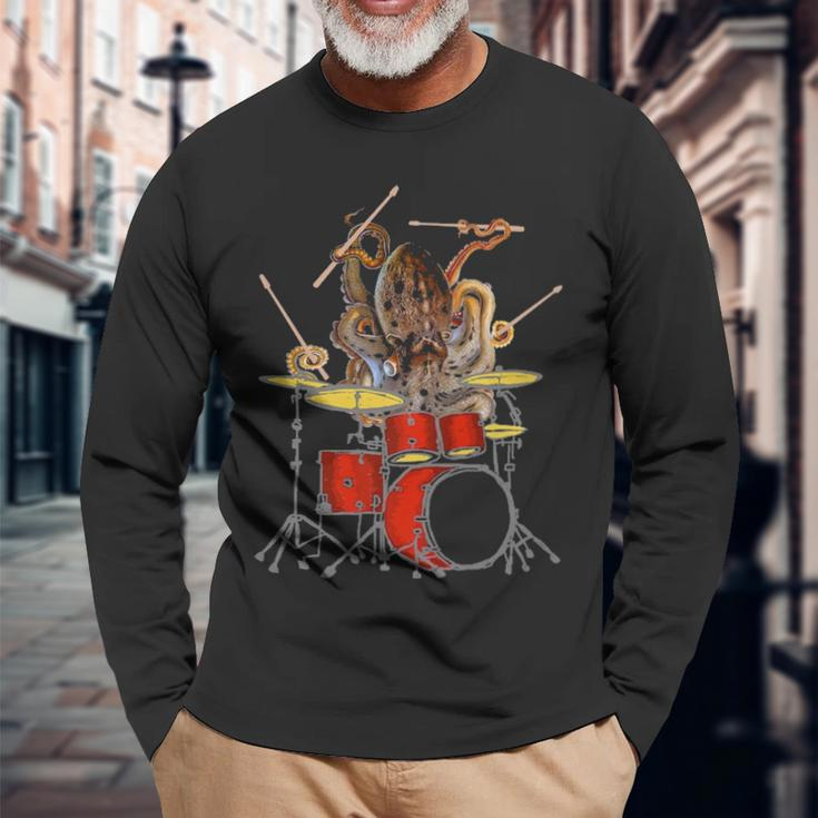 Octopus Playing Drums Unique Drummer Long Sleeve T-Shirt Gifts for Old Men