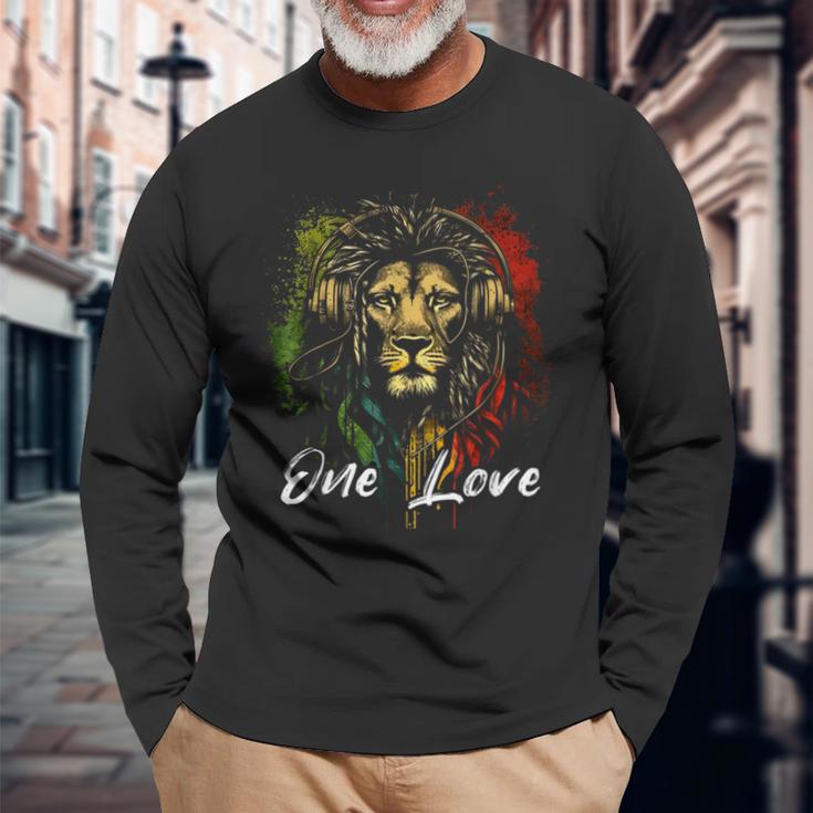 One Love Rasta Reggae Music Headphones Rastafari Reggae Lion Long Sleeve T-Shirt Gifts for Old Men