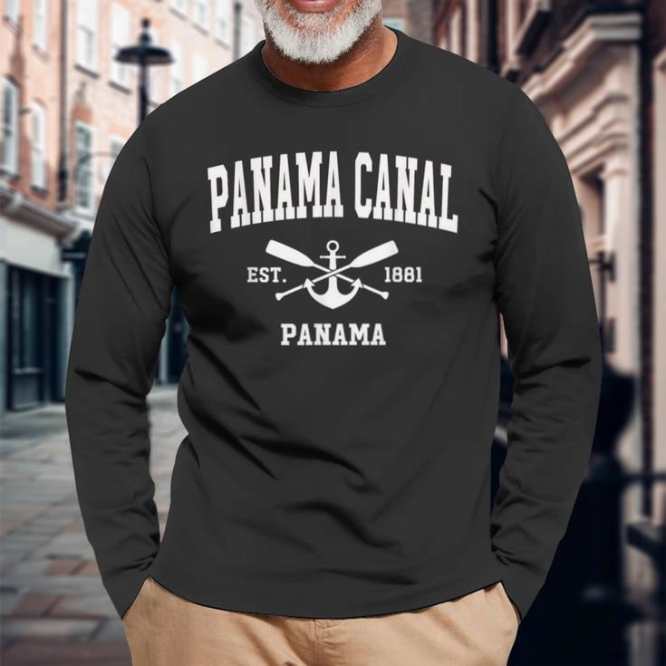 Panama Canal Vintage Crossed Oars & Boat Anchor Sports Long Sleeve T-Shirt Gifts for Old Men