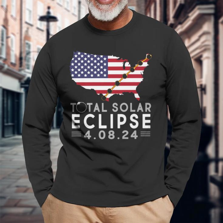 Path Of Totality America Eclipse Usa Map Total Solar 2024 Long Sleeve T-Shirt Gifts for Old Men