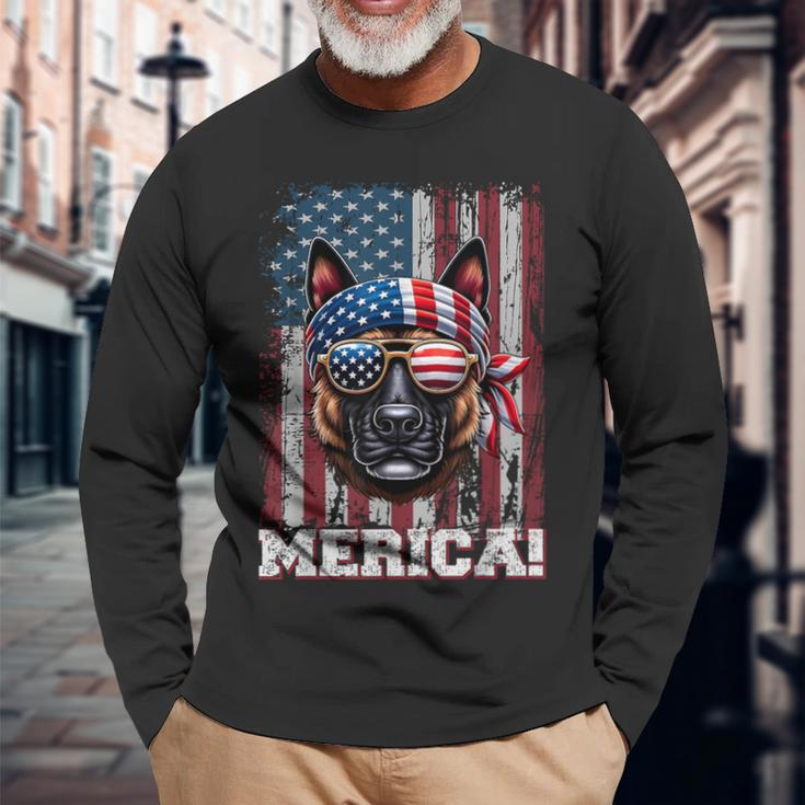 Patriotic Dutch Shepherd Dog Lover Us Flag Independence Day Long Sleeve T-Shirt Gifts for Old Men
