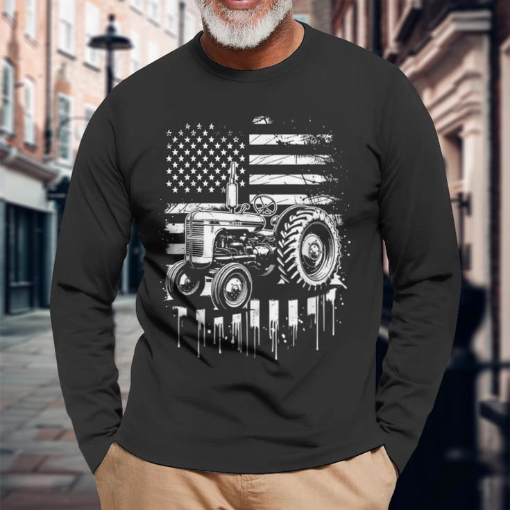 Patriotic Tractor 4Th Of July American Flag Farmer Usa Men Long Sleeve T-Shirt Gifts for Old Men