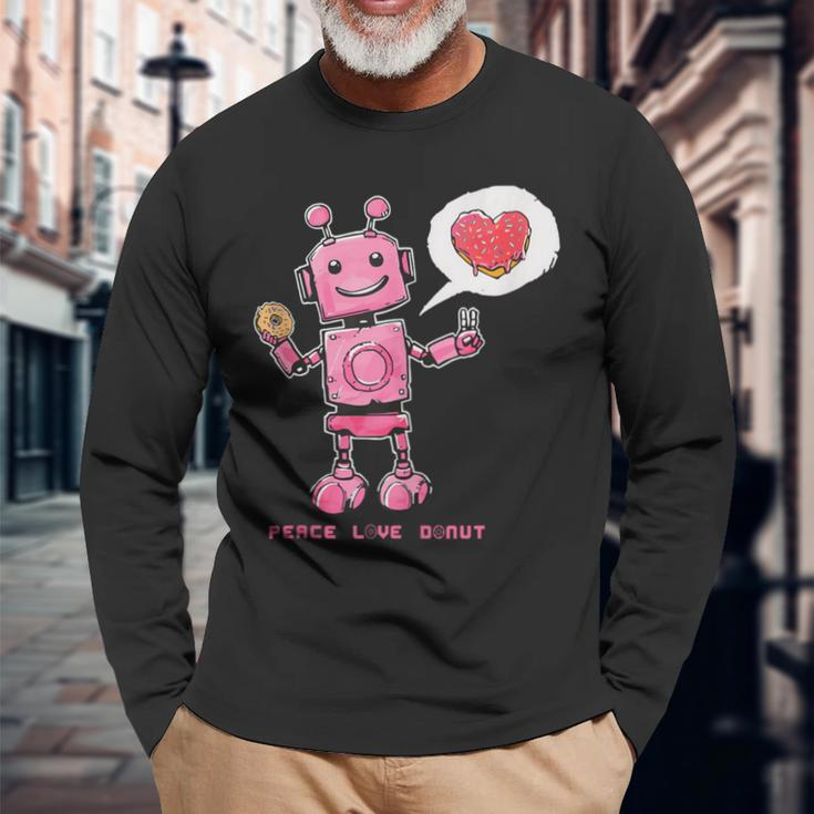 Peace Love Donuts Retro Robot Long Sleeve T-Shirt Gifts for Old Men