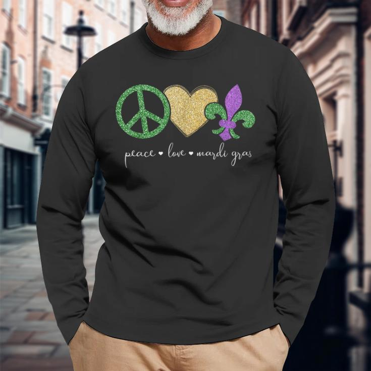 Peace Love Mardi Gras With Fleur De Lis In New Orleans Long Sleeve T-Shirt Gifts for Old Men