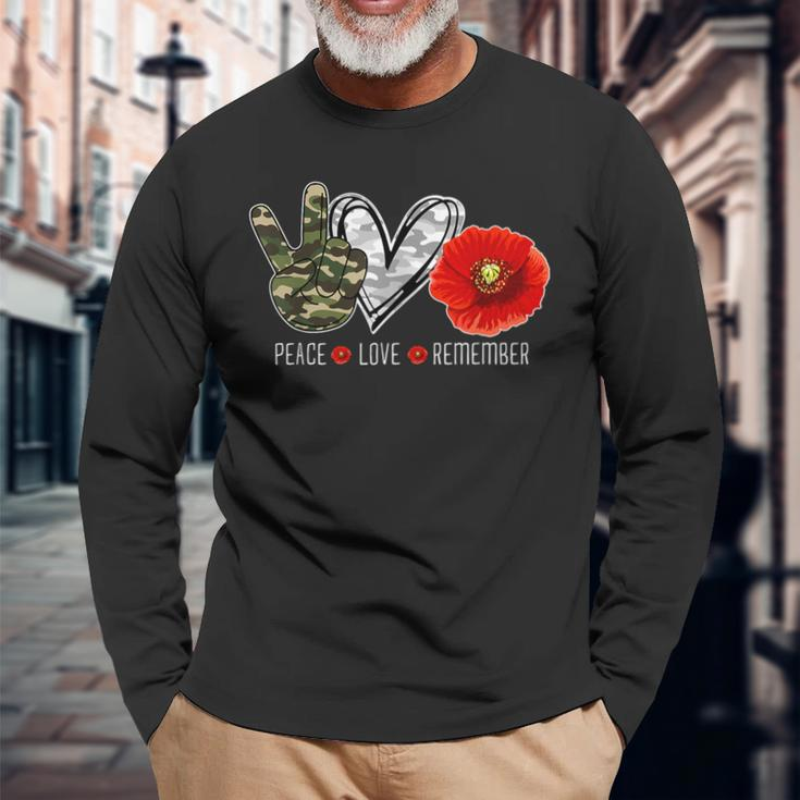 Peace Love Remember Soldier Veteran Day Red Poppy Flower Long Sleeve T-Shirt Gifts for Old Men