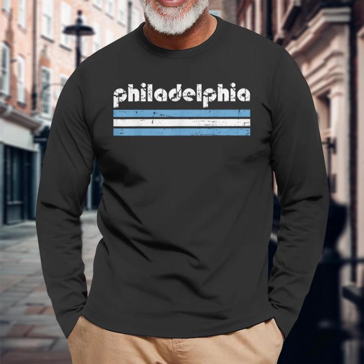 Philadelphia Pennsylvania Retro Three 3 Stripes Weathered Long Sleeve T-Shirt Gifts for Old Men