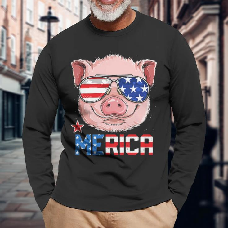 Pig 4Th Of July Merica American Flag Sunglasses Long Sleeve T-Shirt Gifts for Old Men