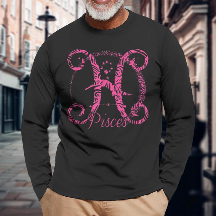 Pink Pisces Zodiac Sign Birth Star February March Birthday Long Sleeve T-Shirt Gifts for Old Men
