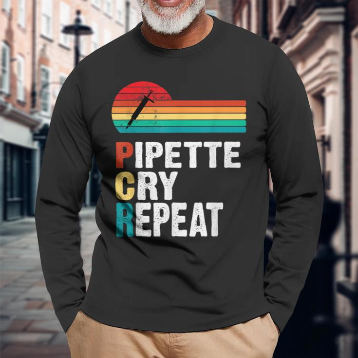Pipette Cry Repeat Pcr Retro Vintage Dna Lab Scientist Long Sleeve T-Shirt Gifts for Old Men