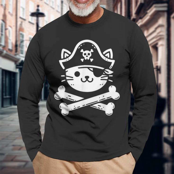 Pirate Cat Crossbones Cat Lover Cats Kitten Owner Long Sleeve T-Shirt Gifts for Old Men