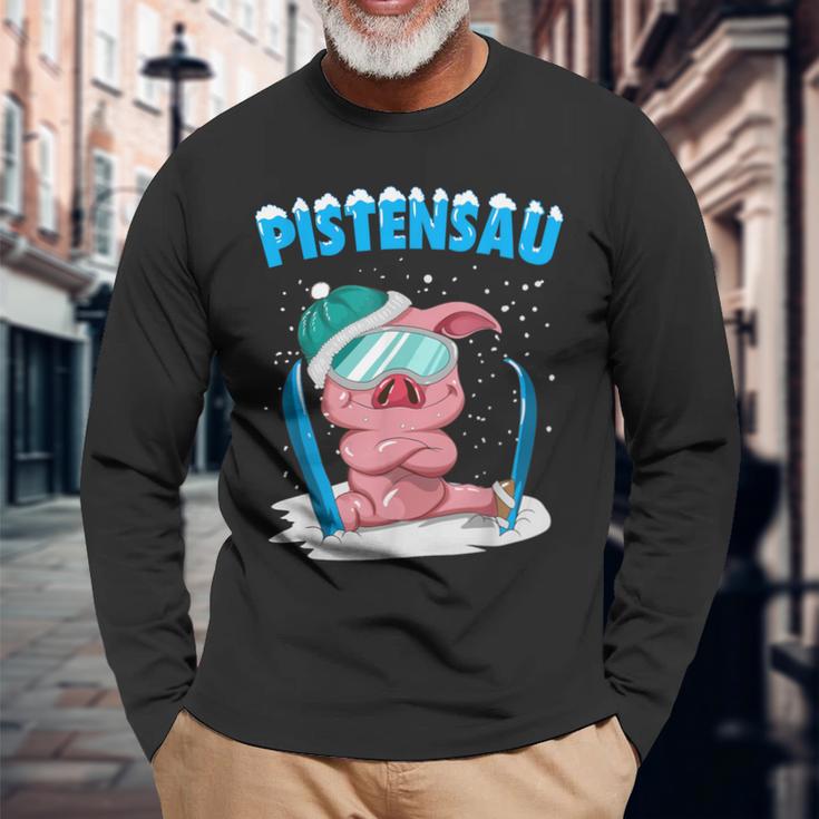 Pistensau Ski Sau Winter Skiing Slogan Piste Langarmshirts Geschenke für alte Männer