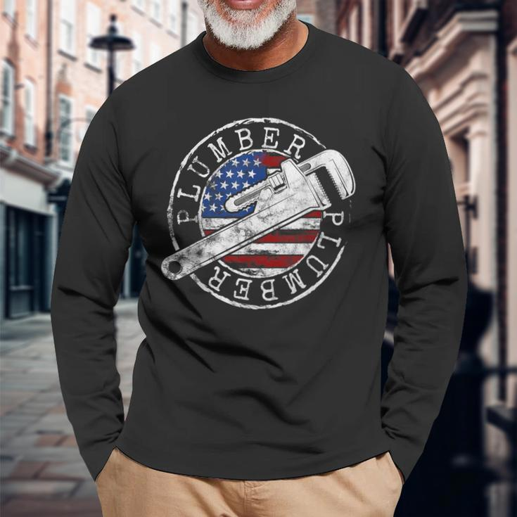 Plumber American Flag Plumbing Usa Patriot Stamp Style Long Sleeve T-Shirt Gifts for Old Men