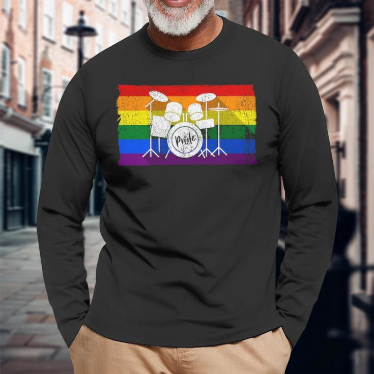 Pride Rainbow Flag Drum Kit Drummer Shadow Long Sleeve T-Shirt Gifts for Old Men