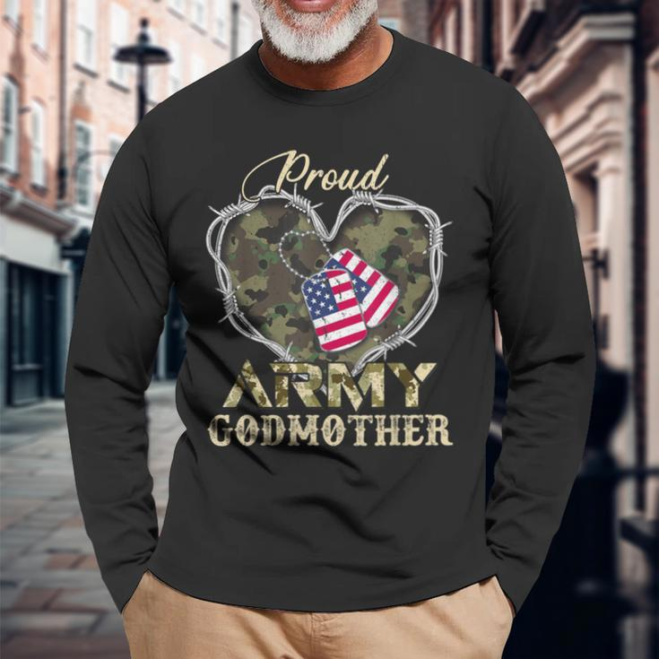 Proud Army Godmother With Heart American Flag For Veteran Long Sleeve T-Shirt Gifts for Old Men