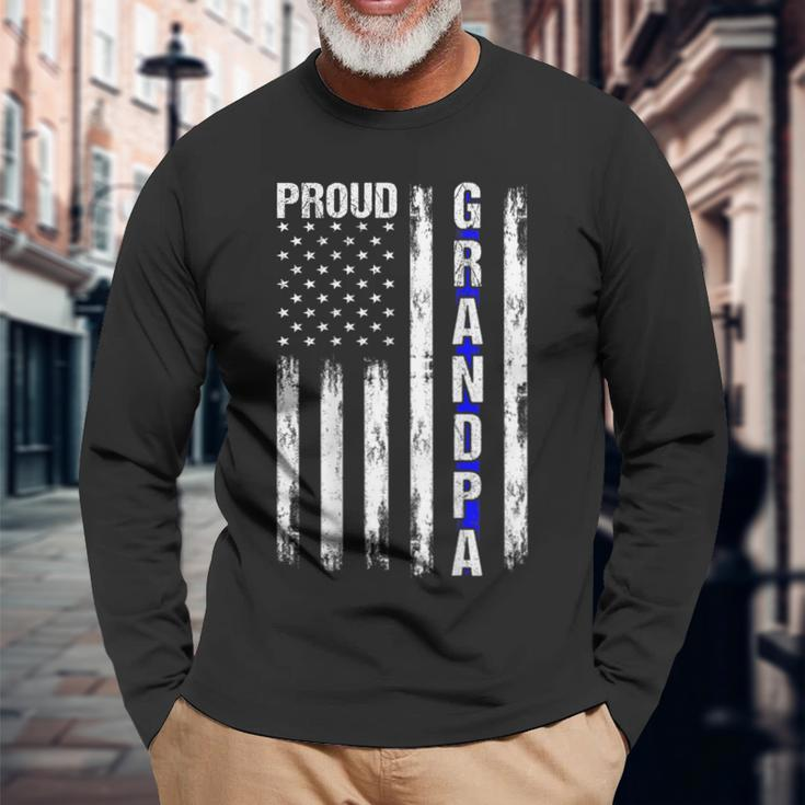 Proud Grandpa American Flag Thin Blue Line Police On Back Long Sleeve T-Shirt Gifts for Old Men