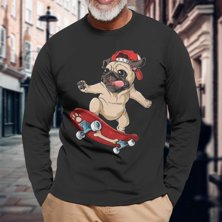Pug Skateboard Dog Puppy Skater Skateboarding Long Sleeve T-Shirt Gifts for Old Men