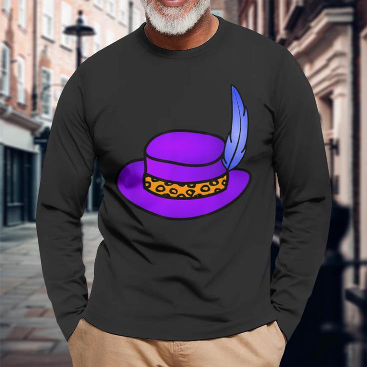 Purple Hat With Blue Feather & Cheetah Pattern Band Long Sleeve T-Shirt Gifts for Old Men