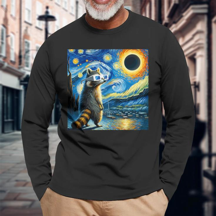 Raccoon Total Solar Eclipse 2024 Van Gogh Raccoon Glasses Long Sleeve T-Shirt Gifts for Old Men