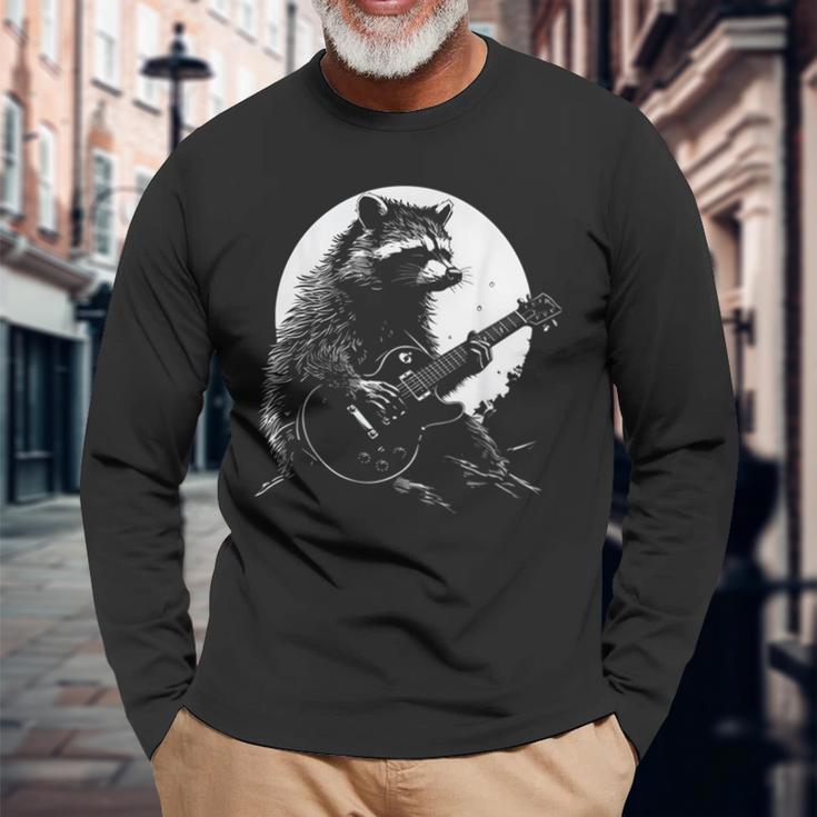 Racoon Playing Guitar With Moon Raccoon Meme Guitarist Long Sleeve T-Shirt Gifts for Old Men