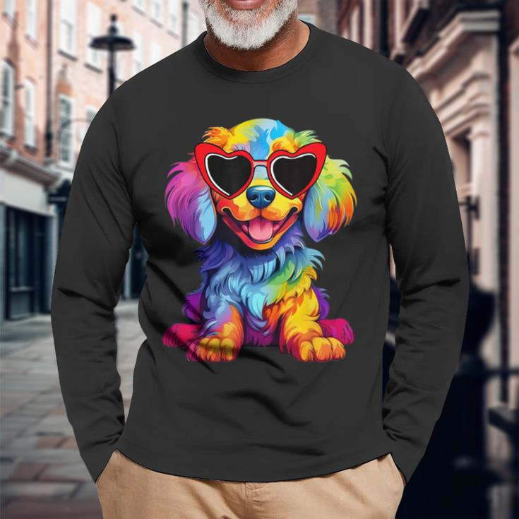 Rainbow Cute Dog Wearing Glasses Heart Puppy Love Dog Long Sleeve T-Shirt Gifts for Old Men