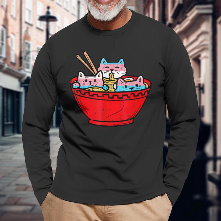 Ramen Cats Transgender Trans Pride Flag Japanese Noodle Food Long Sleeve T-Shirt Gifts for Old Men