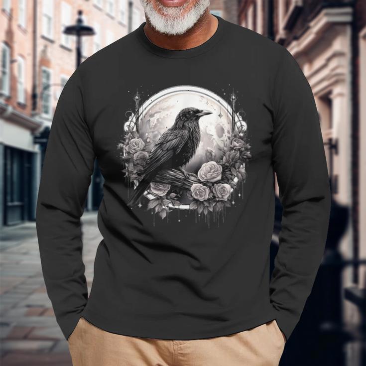 Raven Full Moon Gothic Witchy Crow Roses Mystical Long Sleeve T-Shirt Gifts for Old Men