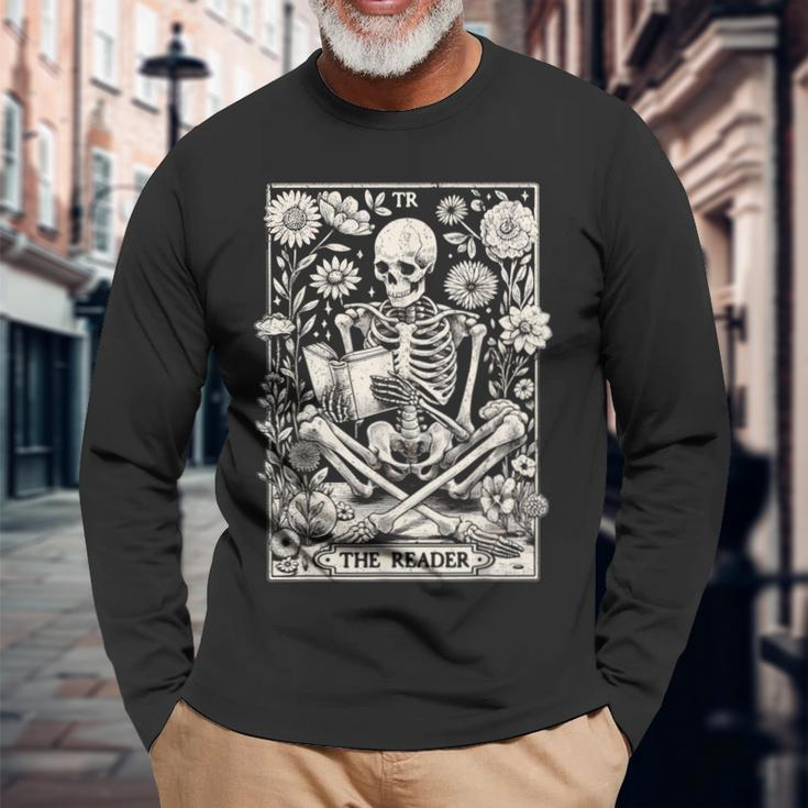The Reader Skeleton Book Lover Tarot Card Reading Book Long Sleeve T-Shirt Gifts for Old Men