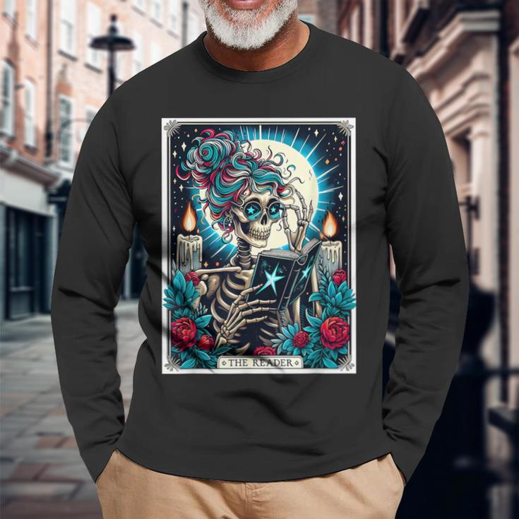 The Reader Tarot Card Book Lover Skeleton Reading Book Long Sleeve T-Shirt Gifts for Old Men