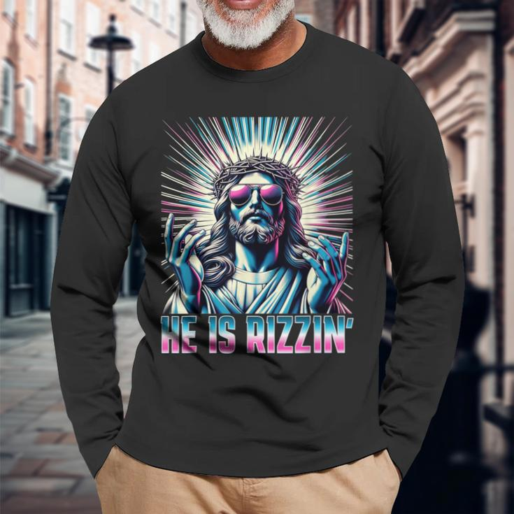 Resurrection Easter Rizz He Is Rizzin Jesus Long Sleeve T-Shirt Gifts for Old Men