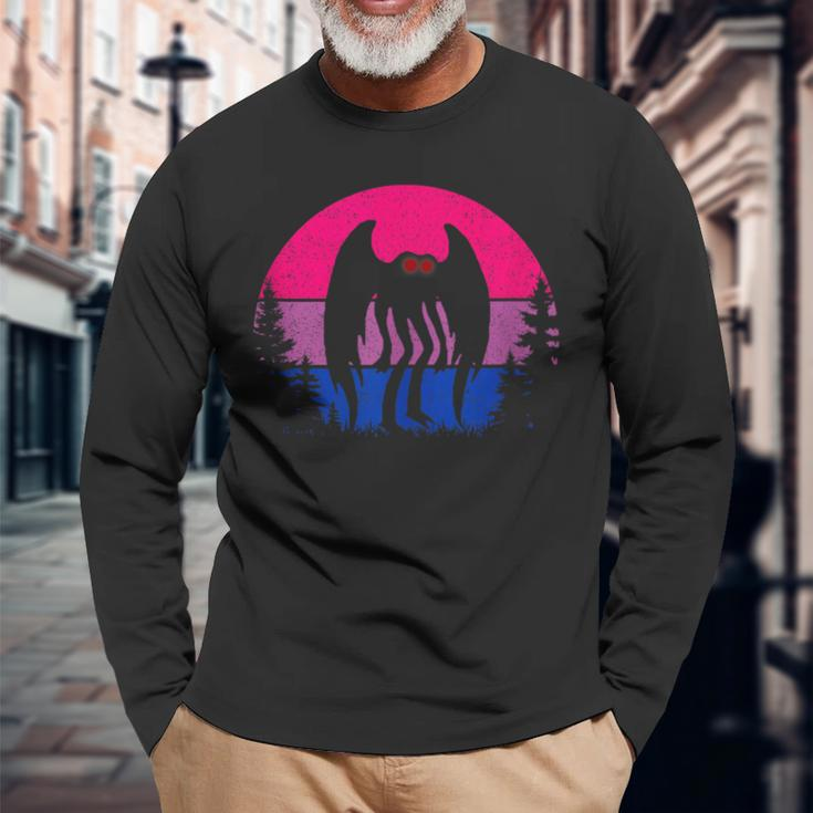 Retro Bi Mothman Bisexual Pride Point Pleasant Cryptid Long Sleeve T-Shirt Gifts for Old Men