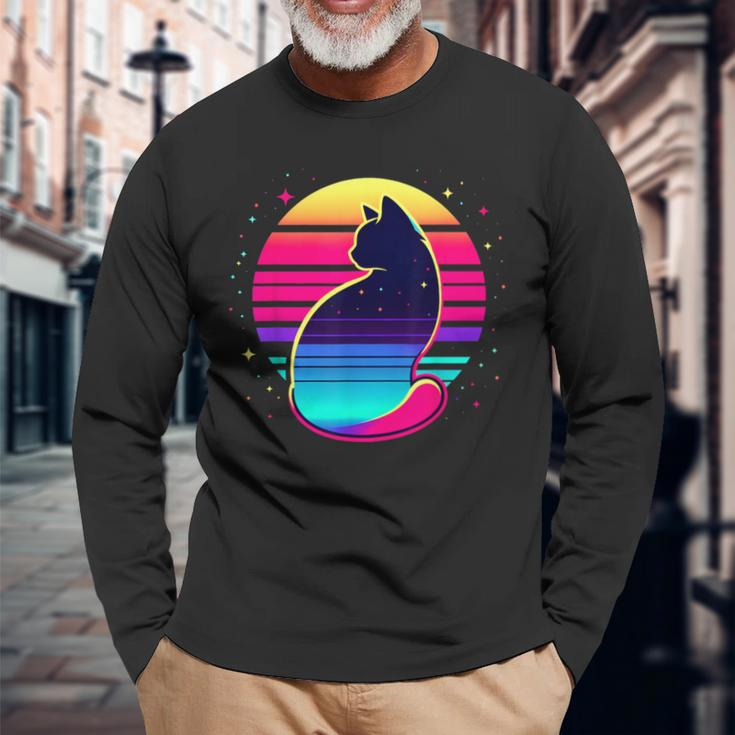 Retro Cat Eclipse Vintage Style Long Sleeve T-Shirt Gifts for Old Men