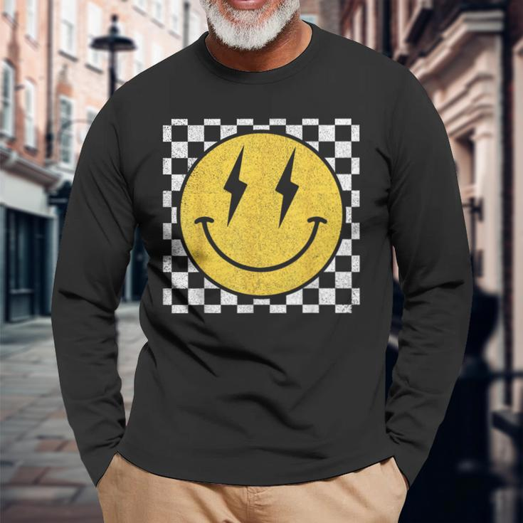 Retro Happy Face Distressed Checkered Pattern Smile Face Long Sleeve T-Shirt Gifts for Old Men
