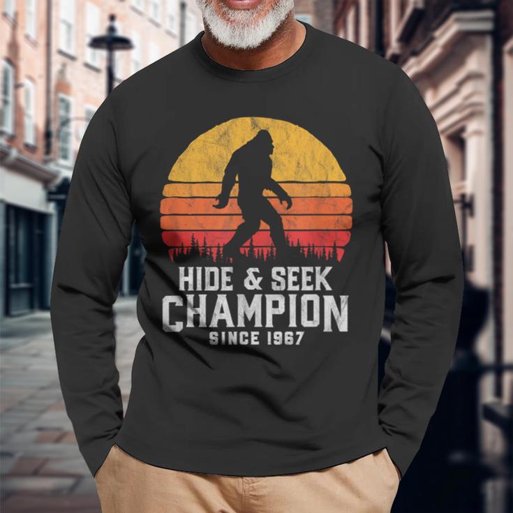 Retro Hide & Seek Champion Bigfoot Believe Vintage Graphic Long Sleeve T-Shirt Gifts for Old Men