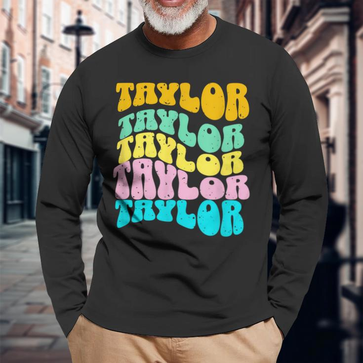 Retro Taylor First Name Girls Name Personalized Groovy Long Sleeve T-Shirt Gifts for Old Men