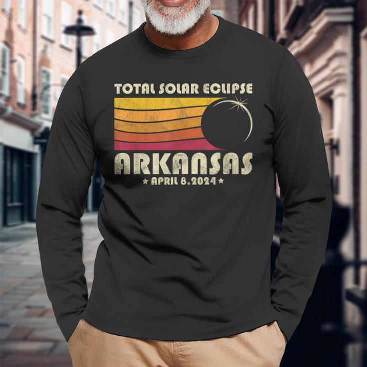 Retro Total Solar Eclipse 2024 Arkansas Usa Totality Long Sleeve T-Shirt Gifts for Old Men