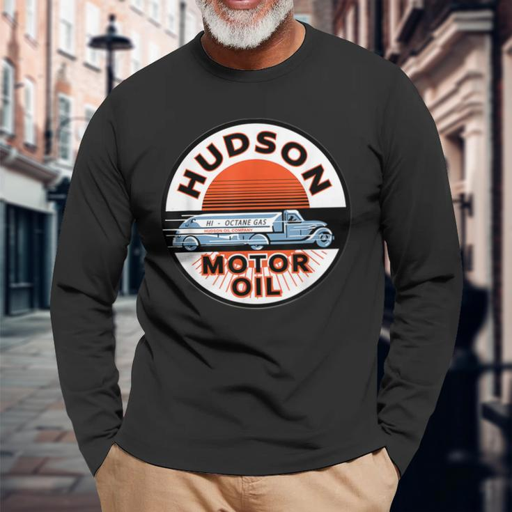 Retro Vintage Gas Station Hudson Motor Oil Car Bikes Garage Long Sleeve T-Shirt Gifts for Old Men