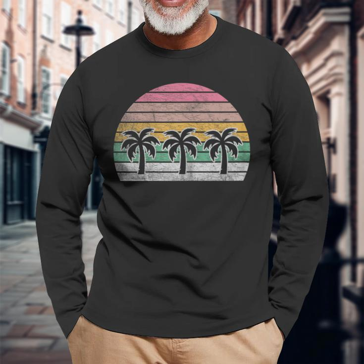 Retro Vintage Palm Trees Beach Summer Vacation Beach Long Sleeve T-Shirt Gifts for Old Men