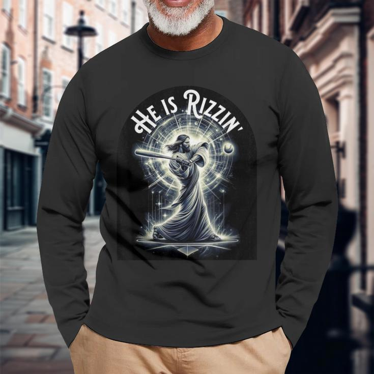 He Is Rizzin Jesus Playing Baseball Sports Rizz Long Sleeve T-Shirt Gifts for Old Men