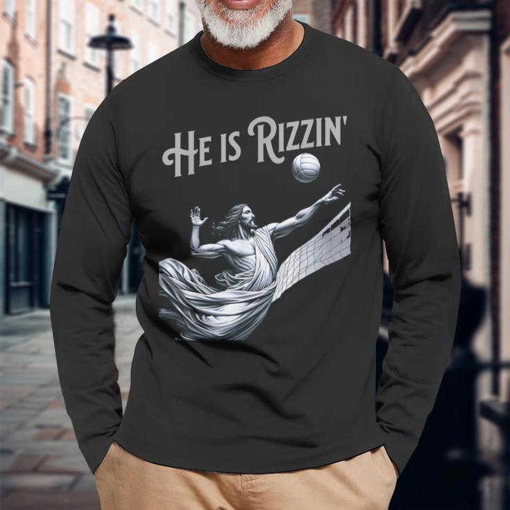 He Is Rizzin Jesus Playing Volleyball Sports Rizz Long Sleeve T-Shirt Gifts for Old Men