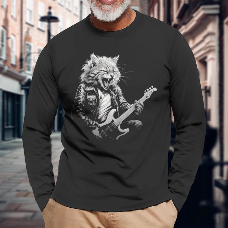 Rock Cat Playing Guitar Guitar Cat Womens Long Sleeve T-Shirt Gifts for Old Men