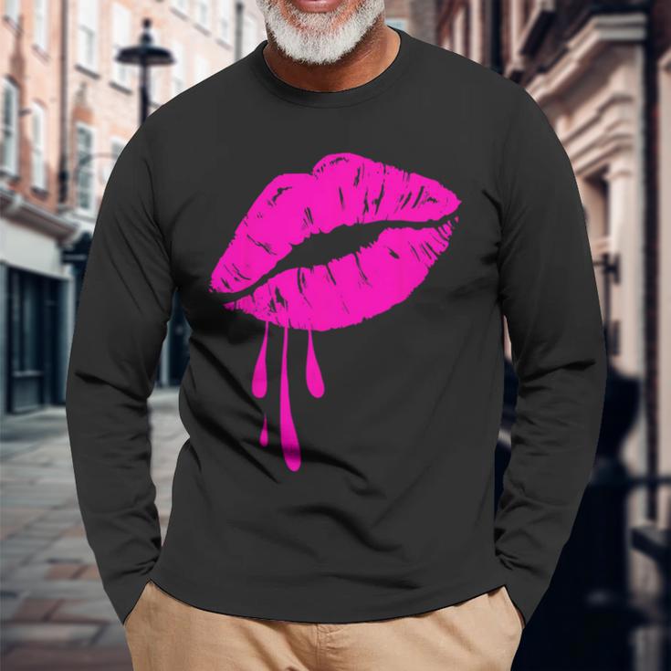 Rosa Lippen Kuss 80er Jahre Lippenstift Make-Up Liebhaber Langarmshirts Geschenke für alte Männer