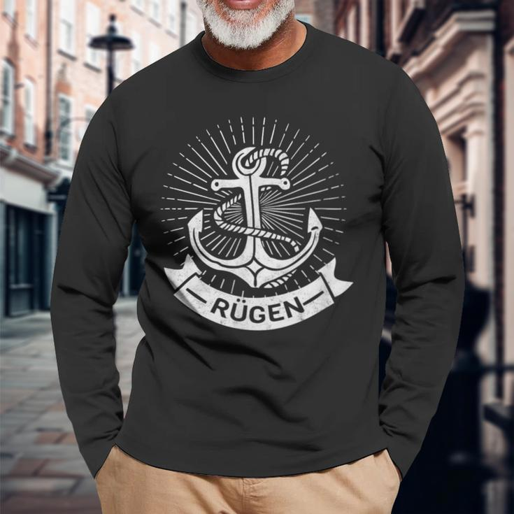 Rügen Rüganer Island Retro Vintage Logo Anchor Idea Langarmshirts Geschenke für alte Männer
