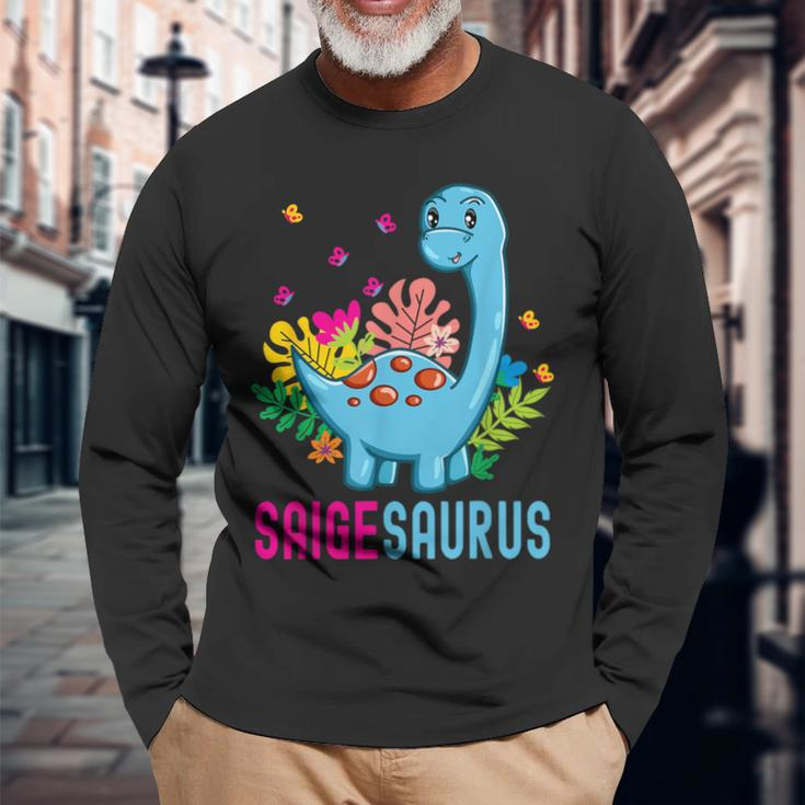 Saigesaurus Personalisierter Name Saige Dino Dinosaurier Geburtstag Langarmshirts Geschenke für alte Männer
