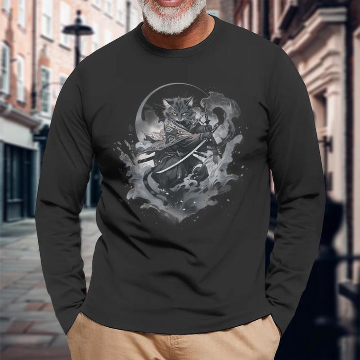 Samurai Cat Anime Japanese Ninja Warrior Aesthetic Cute V05 Long Sleeve T-Shirt Gifts for Old Men