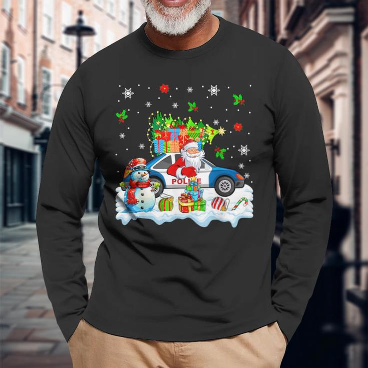 Santa Carrying Christmas Tree On Police Car Snowman Driver Long Sleeve T-Shirt Gifts for Old Men