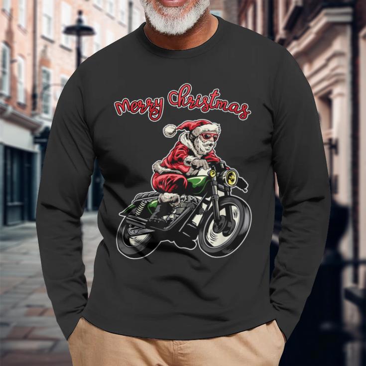 Santa Riding A Motorbike Christmas Motorcycle Christmas Long Sleeve T-Shirt Gifts for Old Men