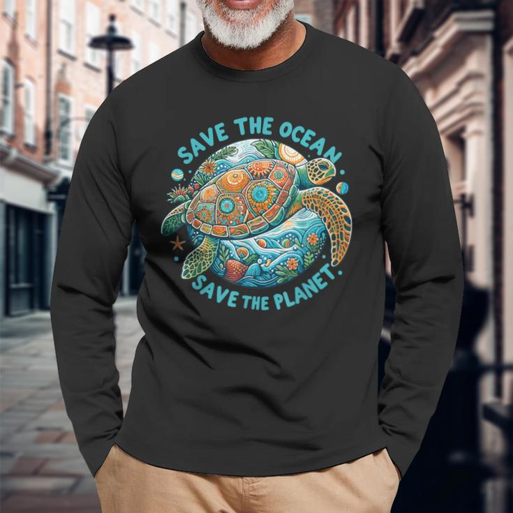 Save The Ocean Save The Planet Cute Sea Turtle Long Sleeve T-Shirt Gifts for Old Men