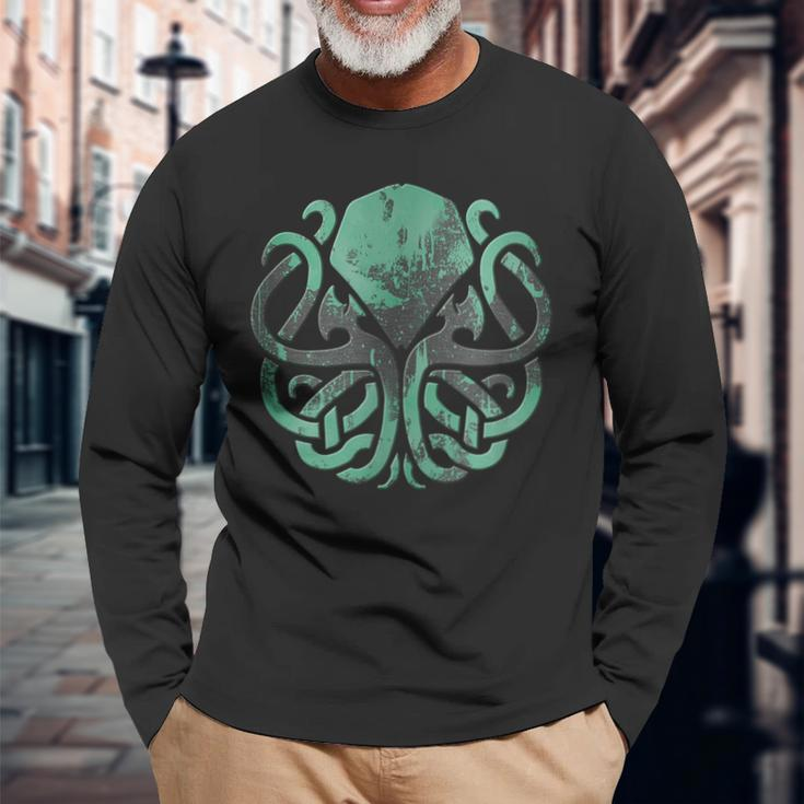 Schwarzes Kraken Langarmshirts mit Vintage-Mond Motiv in Grün Geschenke für alte Männer