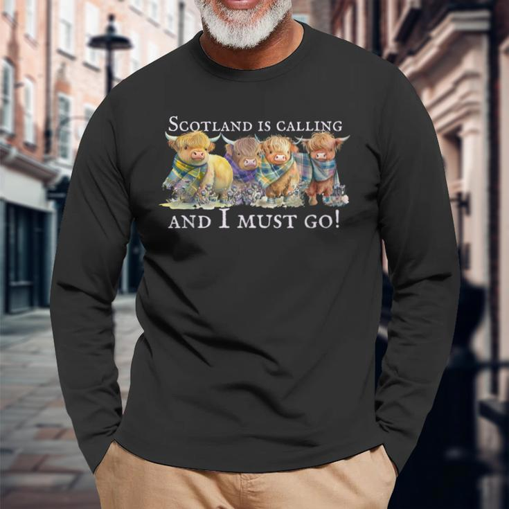 Scotland Is Calling And I Must Go Highland Cow Long Sleeve T-Shirt Gifts for Old Men
