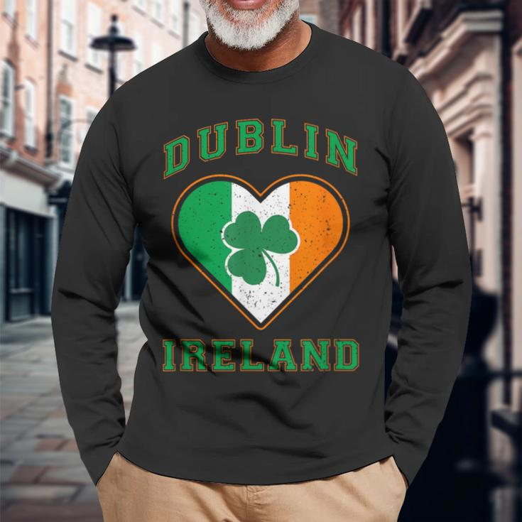 Shamrock Clover In Dublin Ireland Flag In Heart Shaped Long Sleeve T-Shirt Gifts for Old Men